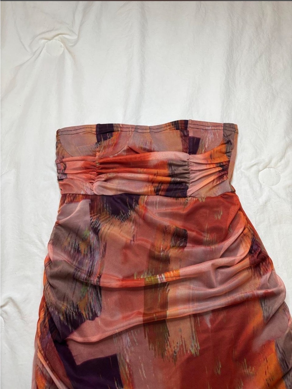 Strapless Orange Abstract Ruched Bodycon Dress - Picture 3 of 4